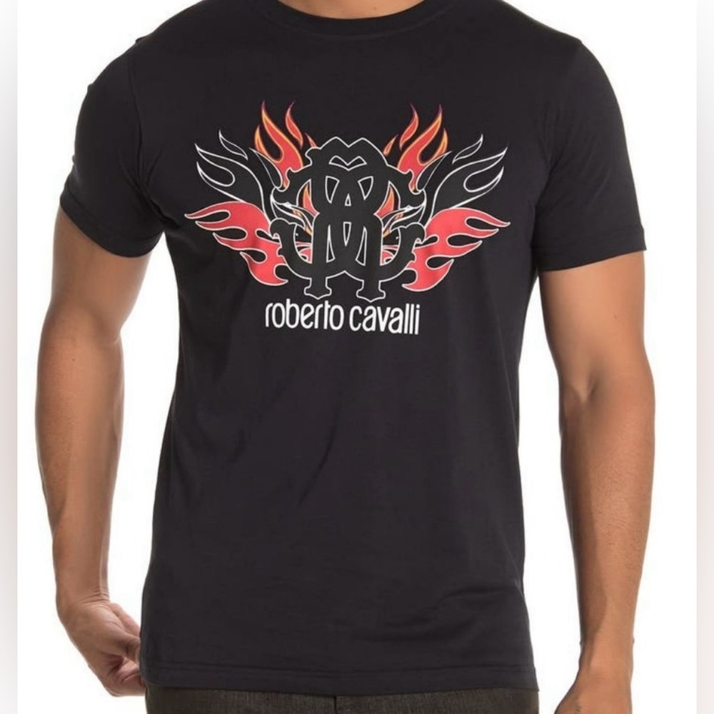Roberto cavalli mens black t shirt w flames